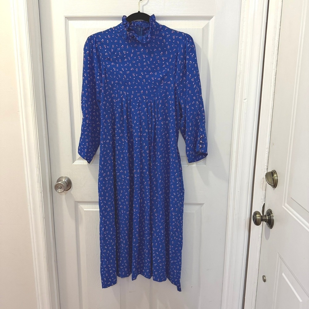 Vintage Secretary Dress Size L Route One Petite Miss USA ILGWU made Blue Floral